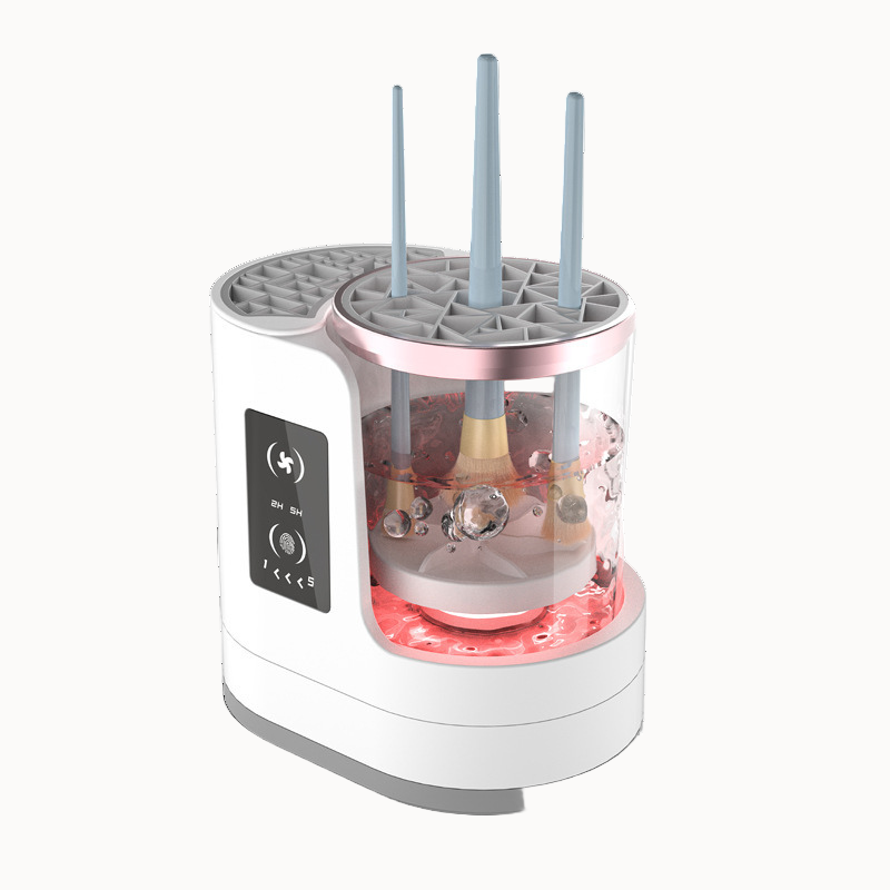 White electronic makeup brush cleaning device with transparent container and red light on a white background