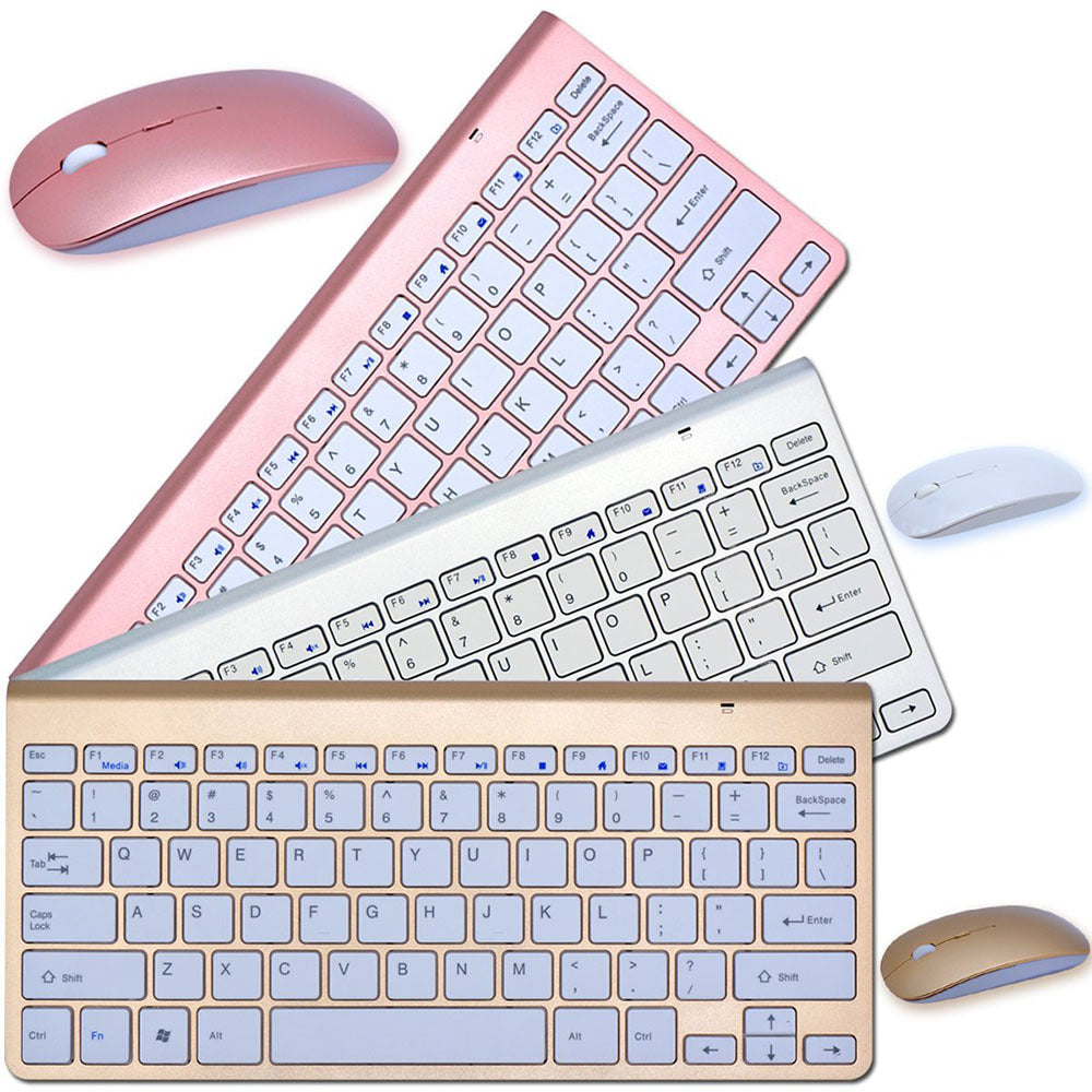 Set of wireless keyboards and mice in rose gold, silver, and gold on a white background