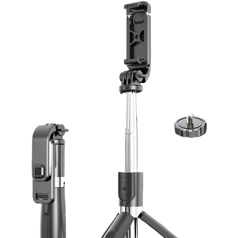 Black selfie stick with adjustable tripod and remote control on a white background