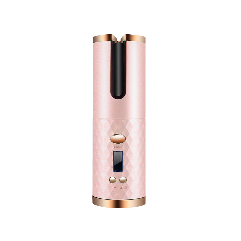 Pink and gold cordless curler with a digital display on a white background